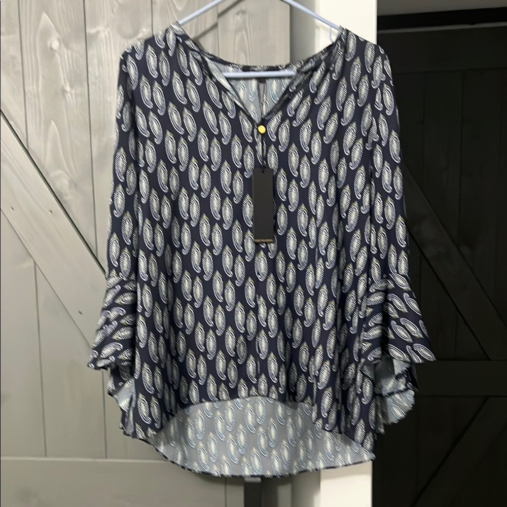 Kobi Halperin Navy and White Silk Patterned Blouse, NWOT